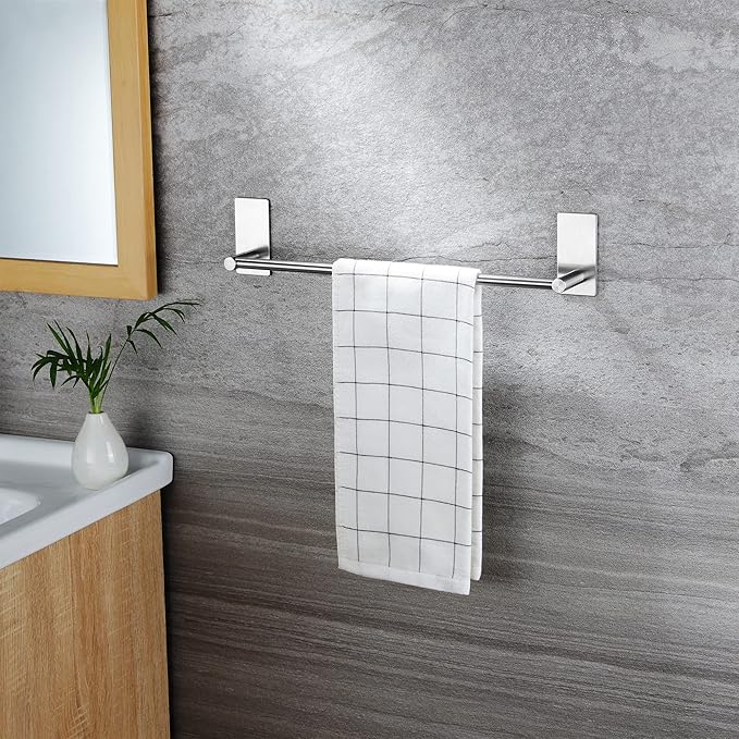 Taozun Self Adhesive 16-Inch Bathroom Towel Bar Brushed SUS 304 Stainless Steel Bath Wall Shelf Rack Hanging Towel Stick On Sticky Hanger Contemporary Style