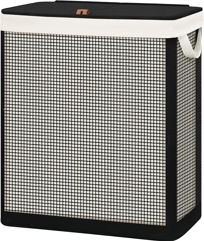 STO STO Double Laundry Hamper with Lid, 140L Large 2 Section Laundry Sorter, Laundry Basket with Removable Washable Canvas Liner Bag, Breathable Clothes Hamper for Bedroom Bathroom Laundry Room Closet