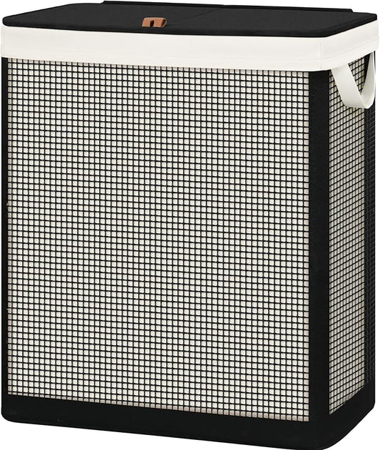 STO STO Double Laundry Hamper with Lid, 140L Large 2 Section Laundry Sorter, Laundry Basket with Removable Washable Canvas Liner Bag, Breathable Clothes Hamper for Bedroom Bathroom Laundry Room Closet