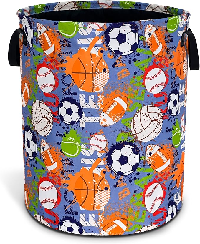Balls Laundry Basket Funny Ball Sports Foldable Waterproof Oxford Cloth Tote Bag Laundry Hamper Round Large Clothes Storage Bucket Toy Organizer For Bathroom/Laundry Storage/Bedroom 18.9x16.5 Inch
