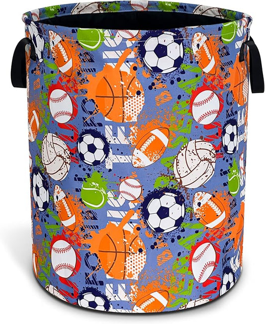 Balls Laundry Basket Funny Ball Sports Foldable Waterproof Oxford Cloth Tote Bag Laundry Hamper Round Large Clothes Storage Bucket Toy Organizer For Bathroom/Laundry Storage/Bedroom 18.9x16.5 Inch