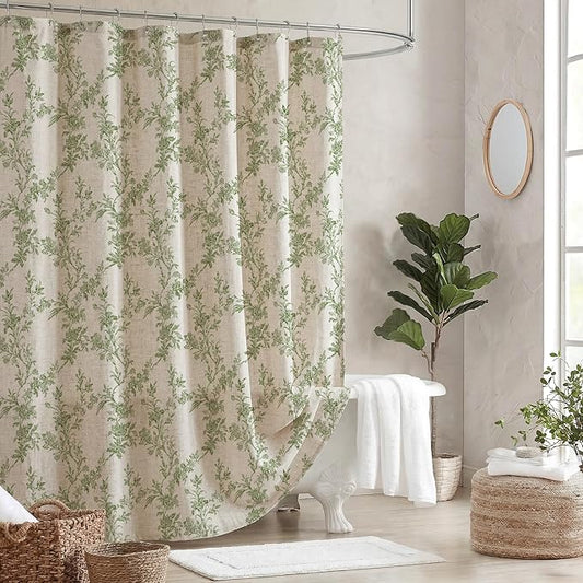 Sage Green Floral Vintage Linen Shower Curtain, French Country Cottagecore Shower Curtains for Bathroom
