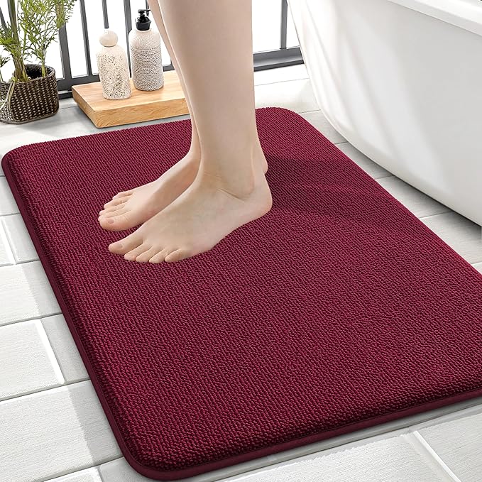 OLANLY Thick PU Foam Bath Mat Rug 24x16, Extra Soft Absorbent Bathroom Rug, Quick Dry Bath Mats, Non-Slip, Machine Washable Carpet for Bathroom, Tub and Shower, Home Decor Accessories, Burgundy