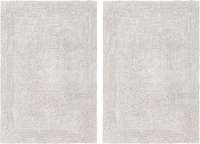 COTTON CRAFT Luxurious Bath Mat Rug - Set of 2 Reversible Heavyweight Step Out Bath Mats for Bathroom Floor, Tub and Shower - Pure Cotton Soft Plush Absorbent Tufted Racetrack Mat - 17 x 24 - Platinum