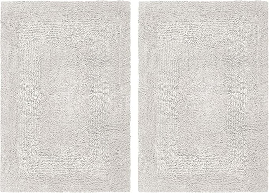 COTTON CRAFT Luxurious Bath Mat Rug - Set of 2 Reversible Heavyweight Step Out Bath Mats for Bathroom Floor, Tub and Shower - Pure Cotton Soft Plush Absorbent Tufted Racetrack Mat - 17 x 24 - Platinum
