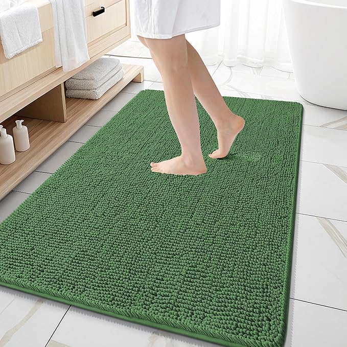 OLANLY Bathroom Rugs 59x35, Extra Soft Absorbent Chenille Bath Rugs, Rubber Backing Quick Dry, Machine Washable Bath Mats for Bathroom Floor, Tub and Shower, Home Decor Accessories, Olive Green