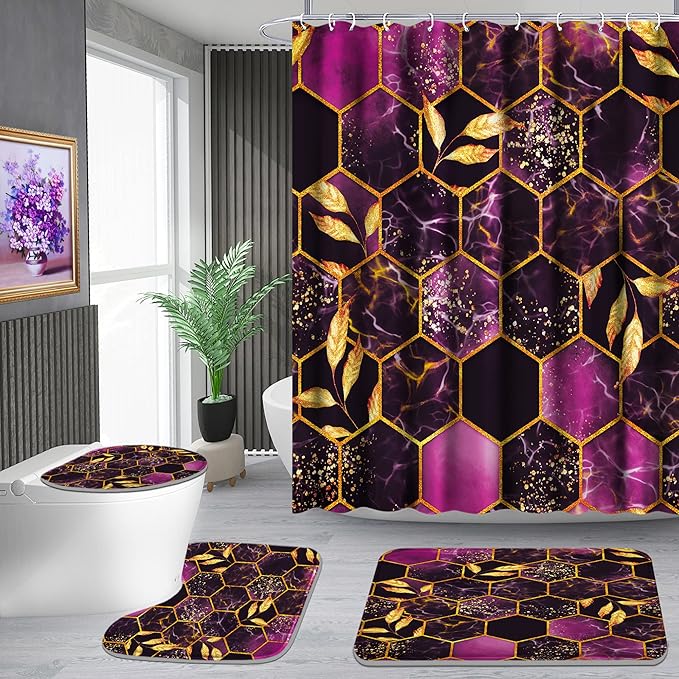 Poedist 4 Pcs Bathroom Shower Curtain Set,Purple Honeycomb Marble Bathroom Sets with Rugs(Bath Mat,U Shape and Toilet Lid Cover Mat) and 12 Durable Hooks