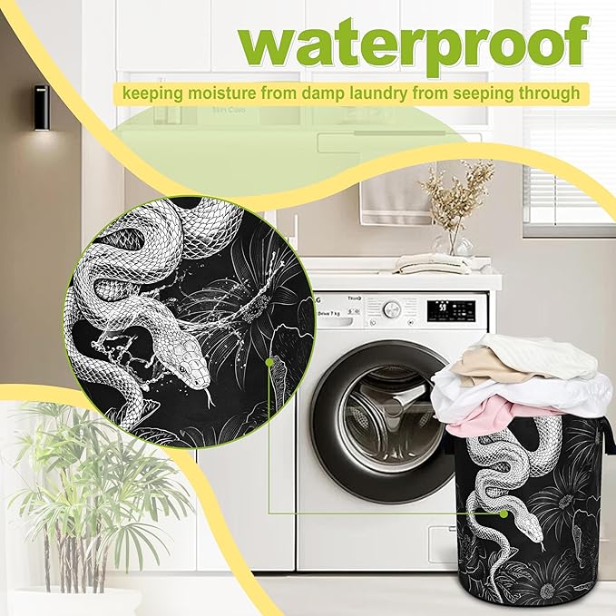 Snake Laundry Basket Floral Prints Funny Foldable Waterproof Oxford Cloth Tote Bag Laundry Hamper Round Large Clothes Storage Bucket Toy Organizer For Bathroom/Laundry Storage/Bedroom 18.9x16.5 Inch