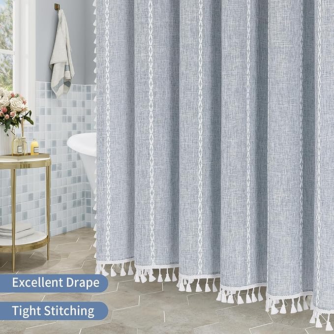 MitoVilla White Boho Farmhouse Small Stall Shower Curtain Set 36 x 72, Half Size Narrow Polyester Linen Fabric Shower Curtains for Farmhouse Bathroom Decor, White