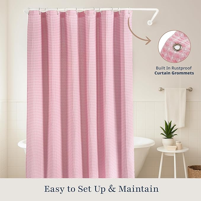 LANE LINEN Premium Shower Curtains - 72W x 72H Heavyweight Waffle Weaved Fabric, Luxury Spa Look - Water Repellent, Quick Dry & Easy Care & Machine Washable - Top Header with Metal Grommets - Pink