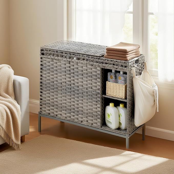Gitelsnour Laundry Hamper with Lid, 130L (34.4 Gal) Rattan Laundry Hamper 3 Section with 50L(13.2 Gal) Storage Shelf, Wicker Woven Laundry Sorter Basket with 4 Liner Bags and Handles, Natural GLH003N