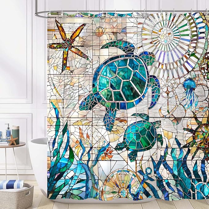 Accnicc Nautical Sea Turtle Shower Curtain Teal Blue Stained Glass Ocean Theme Coastal Shower Curtains for Bathroom Vintage Map Beach Waterproof Fabric Bath Curtain Decor 72x72 Inches