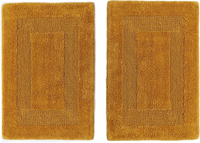 COTTON CRAFT Luxurious Bathmat Rug - Set of 2 Reversible Heavyweight Step Out Bath Mats for Bathroom Floor, Tub and Shower - Pure Cotton Soft Plush Absorbent Tufted Racetrack Mat - 17x24 - Golden Rod
