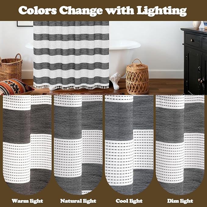 Black and White Farmhouse Thick Shower Curtain with Tassels, 350GSM Cotton Linen Soft Fabric Shower Curtain Boho Chic, 72 x 72 Inch Vintage Striped Heavyweight Bathroom Curtain Water-Repellent