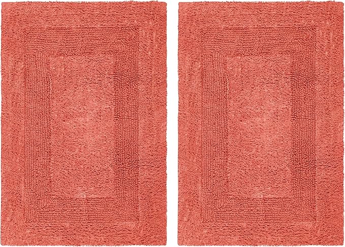 COTTON CRAFT Luxurious Bath Mat Rug - Set of 2 Reversible Heavyweight Step Out Bath Mats for Bathroom Floor, Tub and Shower - Pure Cotton Soft Plush Absorbent Tufted Racetrack Mat - 17 x 24 in - Coral