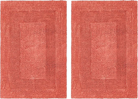 COTTON CRAFT Luxurious Bath Mat Rug - Set of 2 Reversible Heavyweight Step Out Bath Mats for Bathroom Floor, Tub and Shower - Pure Cotton Soft Plush Absorbent Tufted Racetrack Mat - 17 x 24 in - Coral