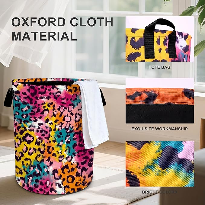 Leopard Print Laundry Basket Storage Bin Foldable Laundry Hamper Clothes Storage Bucket Organizer 19.6x15.7 Inch For Laundry Room/Bedroom/Bathroom
