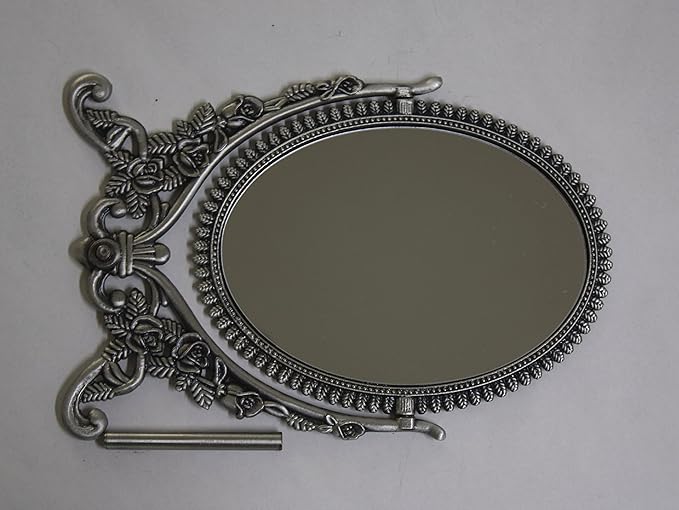 SEHAMANO Vintage Antique Embossed Roses Pattern Makeup Table Mirror, Decorative Oval Shaped Stand Mirror, Vanity Cosmetic Double Sided Rotatable Ellipse Metal Frame Mirror (Tin (Matt Grey), Large)