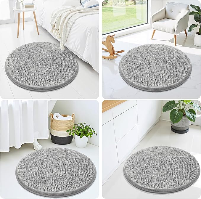 Smiry Luxury Chenille Round 24x24, Extra Soft and Absorbent Shaggy Bathroom Mat Rugs, Machine Washable, Non-Slip Plush Carpet for Tub, Shower, and Bath Room, Light Grey