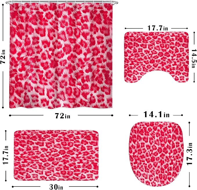 LIGHTINHOME 4 PCS Hot Pink Leopard Print Shower Curtain Set 72Wx72H,Toilet Lid Cover,Non-Slip Rugs and U-Shaped Mat,Wild Safari Cheetah Bathroom Sets with Rugs with 12 Hooks for Bathroom Decor