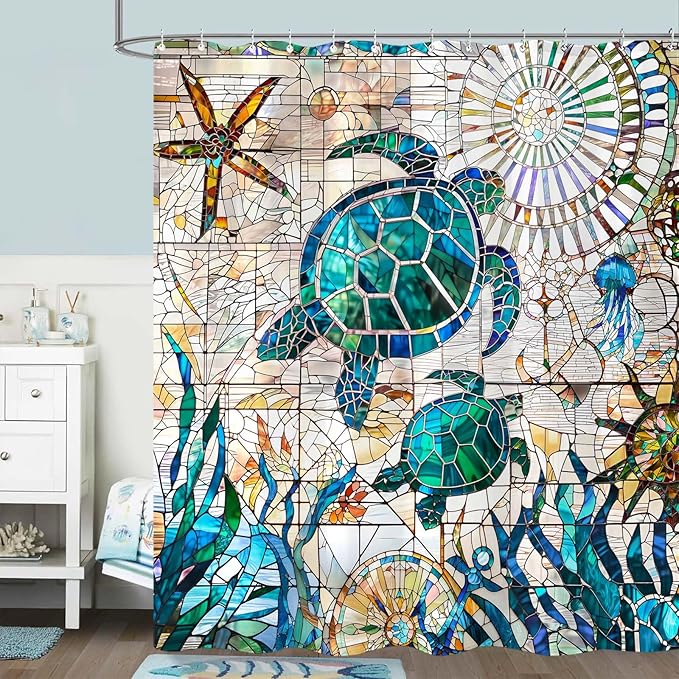 Accnicc Nautical Sea Turtle Shower Curtain Teal Blue Stained Glass Ocean Theme Coastal Shower Curtains for Bathroom Vintage Map Beach Waterproof Fabric Bath Curtain Decor 72x72 Inches