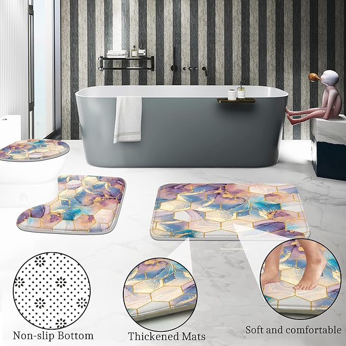 Poedist Shower Curtain Set with Rugs,Bathroom Accessory Set, Including Non-Slip Rugs,Toilet Lid Cover and Bath Mat, Waterproof Shower Curtain with 12 Hooks,Ink Quicksand-Yellow