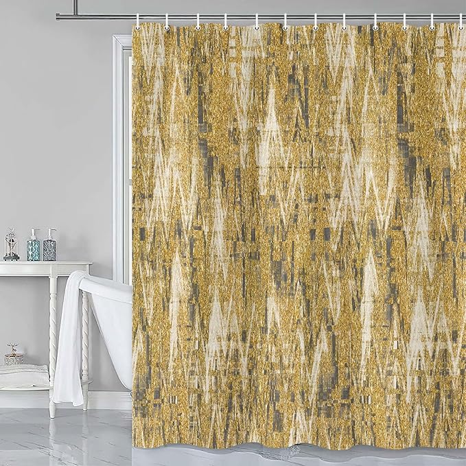 JAWO Gold Shower Curtains for Bathroom, Golden Yellow Glitter Sparkle Bling Waterproof Fabric Decorative Shower Curtain, Washable Luxury Elegant Fancy Glam Metallic Bath Curtain, 70X75IN