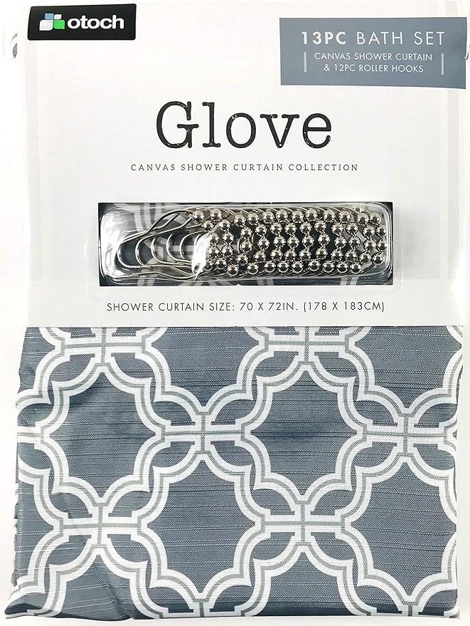 Serafina Home Grey Fabric Shower Curtain, Gray White Chain Link Geometric Design, 72x72 Inches, with Hooks, 13 Piece Set