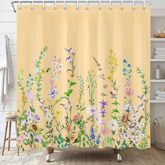 Yellow Floral Flower Shower Curtain Pretty Wildflower Bathroom Shower Curtain Set Boho Cute Shower Curtains Cloth Fabric Shower Curtain