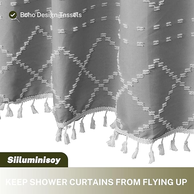Extra Long Boho Grey Shower Curtain with Tassels 72 x 84, Tufted Chevron Striped Chenille Woven Fabric Cloth Shower Curtain Modern Farmhouse Minimalist, Shabby Chic Textured for Bathroom