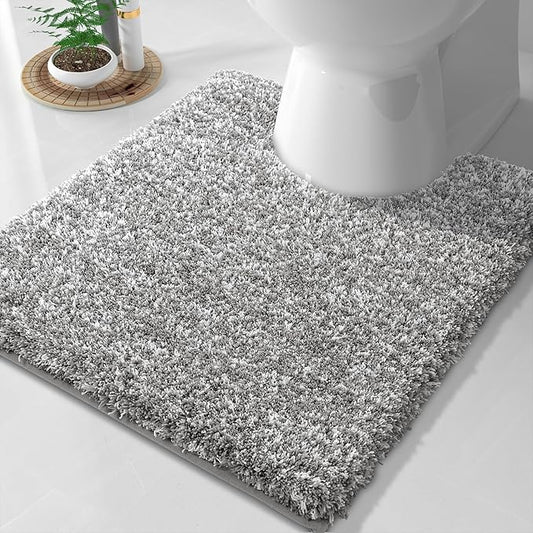 Yimobra Fluffy Toilet Rugs U Shaped, Shaggy Soft Comfortable Non Slip, Water Absorbent Microfiber Bath Mat, Dries Quickly, Machine Washable Thick Bathroom Floor Rugs, 24"x 20", Light Gray and White