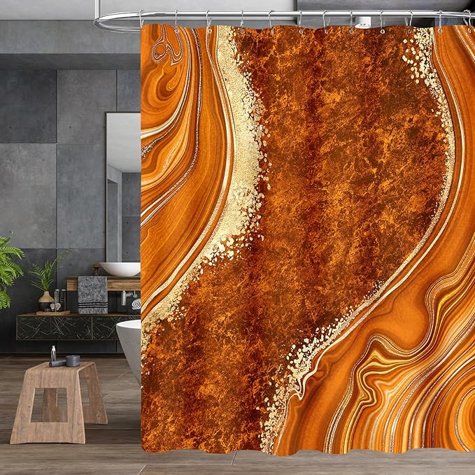 4PCS Orange Marble Shower Curtain Sets with Rugs, Abstract Bathroom Sets with Shower Curtain and Rugs, Modern Bathroom Curtains Shower Set with Toilet Lid Cover Accessories for Bathroom Decor