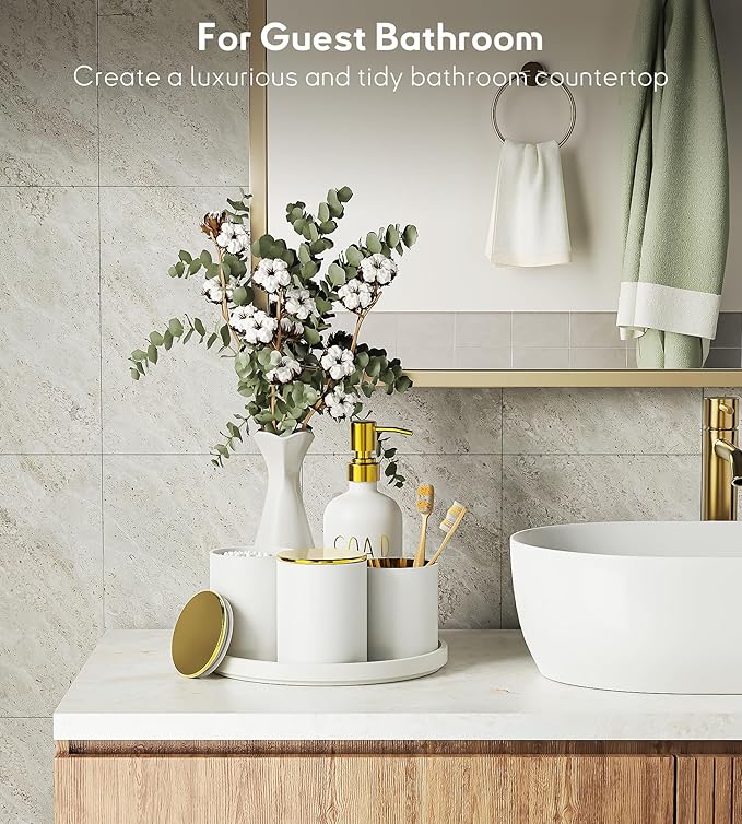 White Bathroom Accessories Set with Tray, 6pcs White and Gold Bathroom Accessory Sets, Glass Soap Dispenser and Toothbrush Holder Set, Qtip Holder, Ceramic Flower Vase, Bathroom Set Decor