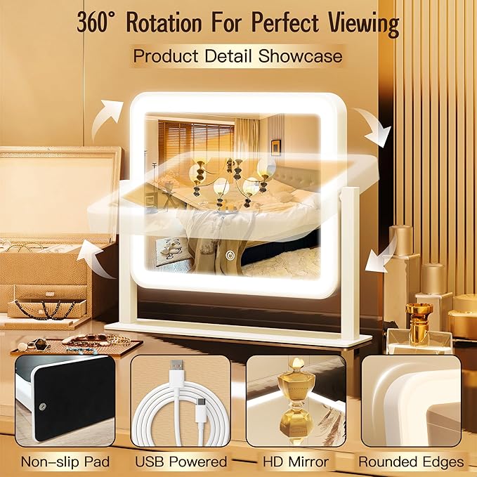 12" x14" Vanity Mirror with Lights,LED Makeup Mirror with Lights, Light up Makeup Mirror with 3 Color Modes, Dimmable＆ Memory Function, Lighted Mirror Makeup for Desk, Travel,White