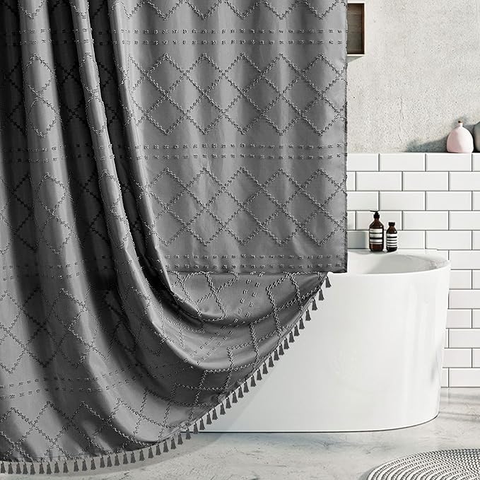 Boho Grey Shower Curtain Woven Fabric Shower Curtain 72 x 72 Tufted Chevron Striped Shabby Chic Textured, Modern Farmhouse Minimalist, Water Resistant Curtain Set for Bathroom, Hotel Decor