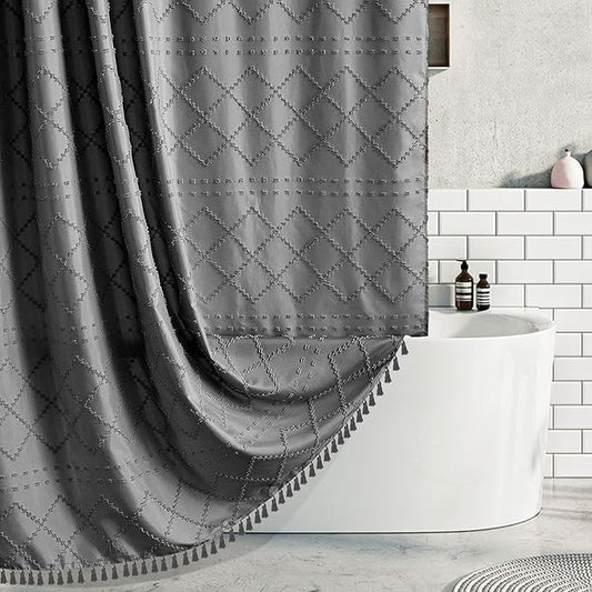 Boho Grey Shower Curtain Woven Fabric Shower Curtain 72 x 72 Tufted Chevron Striped Shabby Chic Textured, Modern Farmhouse Minimalist, Water Resistant Curtain Set for Bathroom, Hotel Decor