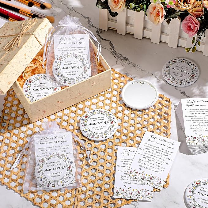 50 Set Mother's Day Inspirational Compact Mirror Religious Bulk Gift for Women Christian Mini Makeup Pocket Mirror Administrative Professional Gift with Card for Volunteer Employee Teacher(Wildflower)