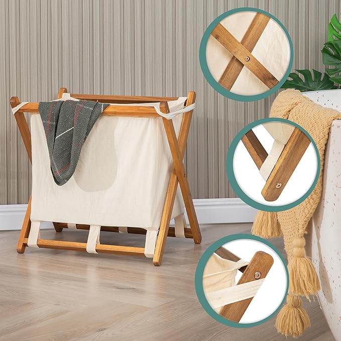 VICTORY RELAX Acacia Wood X-Frame Laundry Hamper, Folding Large Wooden Baskets with Handle, Sorter for Blankets Clothes Pillows Towels, 22'' Tall Natural-Beige