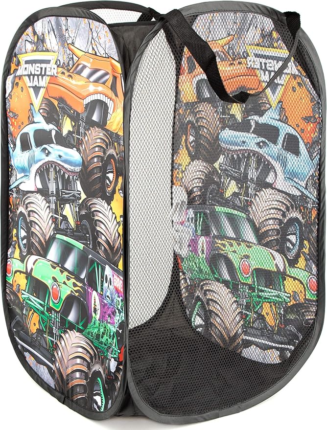 Jay Franco Monster Jam Break Out Pop Up Hamper - Mesh Laundry Basket/Bag with Durable Handles - Features Grave Digger & Megalodon
