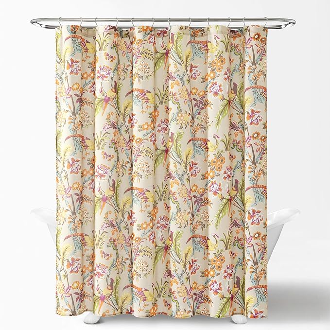 Lush Decor Dolores Linen Textured Shower Curtain Single 72" W x 72" L Neutral & Multi - Floral Shower Curtains for Bathroom - Bathroom Curtain