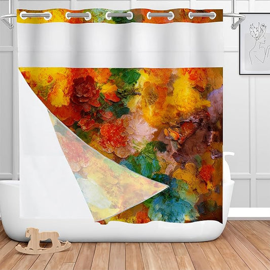 Shrahala Colorful Abstract Paint No Hooks Shower Curtain with Snap in Liner Set, Multicolor Modern Artist Bathroom Décor Polyester Fiber Waterproof for Stall Bathtubs 71 X 74 in