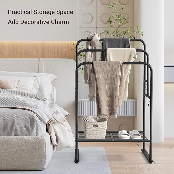 ELYKEN 40'' Tall Standing Towel Racks, 3 Tier Towel Drying Rack Outdoor, Pool Towel Stand Blanket Holder with Shelf & 4 Removable Hooks, Metal Freestanding Towel Racks for Bathroom, Matte Black
