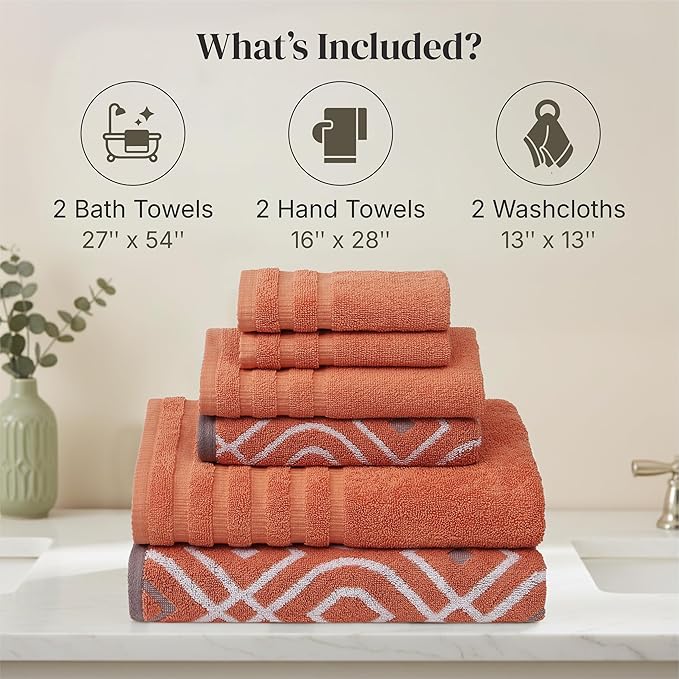 Modern Threads Classic Diamond 6-Piece 100% Cotton Towel Set – Yarn Dyed Jacquard – Includes 2 Bath Towels, 2 Hand Towels, 2 Washcloths – Absorbent, Quick Dry, Soft & Durable – Rust Orange