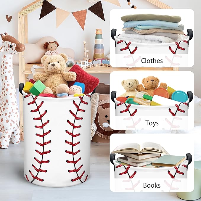 Baseball Laundry Basket, Collapsible Waterproof Oxford Cloth Laundry Hamper, Funny Round Kids Toys Storage Basket as Room Decor, Dirty Clothes Hamper for Bedroom Bathroom Dorm