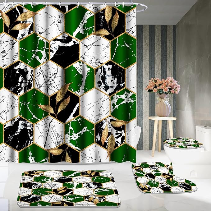 Poedist Shower Curtain Set with Rugs,Bathroom Accessory Set, Including Non-Slip Rugs,Toilet Lid Cover and Bath Mat, Waterproof Shower Curtain with 12 Hooks,Green and White Honeycomb Marble