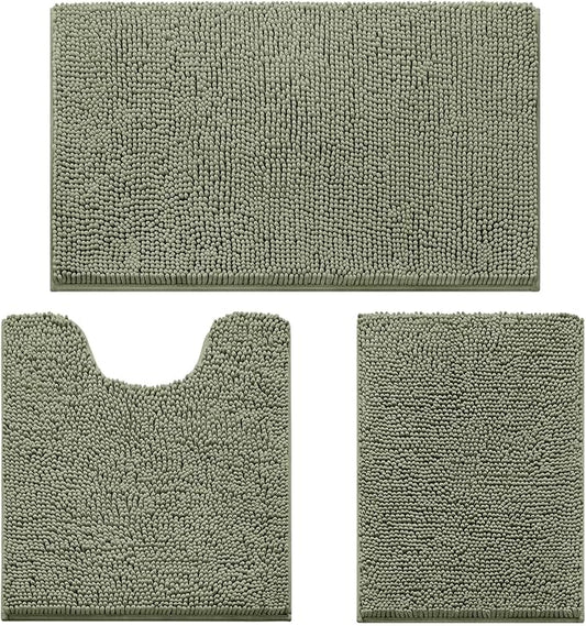 HOMEIDEAS 3 Pieces Bathroom Rugs, Ultra Soft Non Slip Absorbent Chenille Toilet Bath Mat Set (Sage Green)