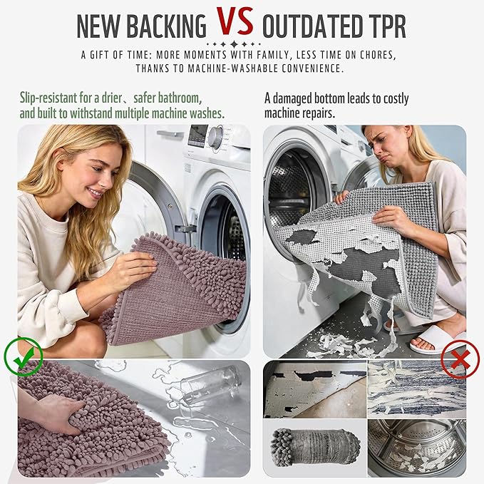 Yimobra Bathroom Rugs Non Slip Washable - Ultra Soft Absorbent Chenille Bath Mat, Quick Dry Shaggy Floor Carpet for Tub Shower, Mauve Home Decor Accessories, 24x17 Inch