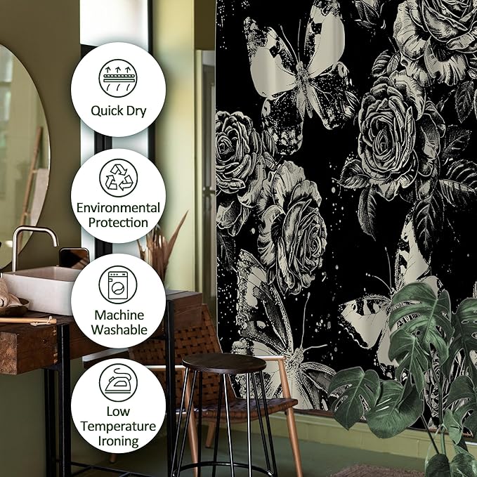 Dark Gothic Butterfly and Flower Shower Curtains for Bathroom,Black Witchy Floral Shower Curtain,Funny Waterproof Polyester Butterfly and Flower Bathroom Decor,72 X 72 Inch