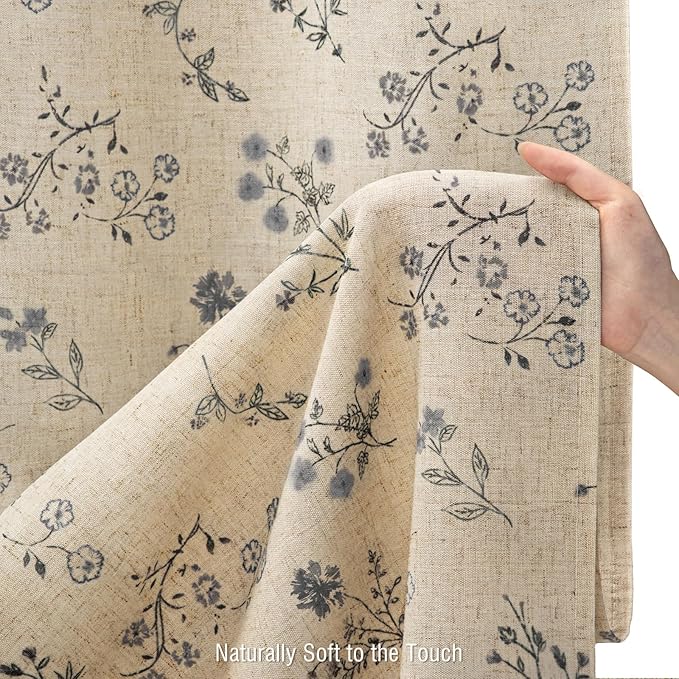 Black Floral Vintage Linen Shower Curtain, French Country Shower Curtains for Bathroom, 72Wx78H