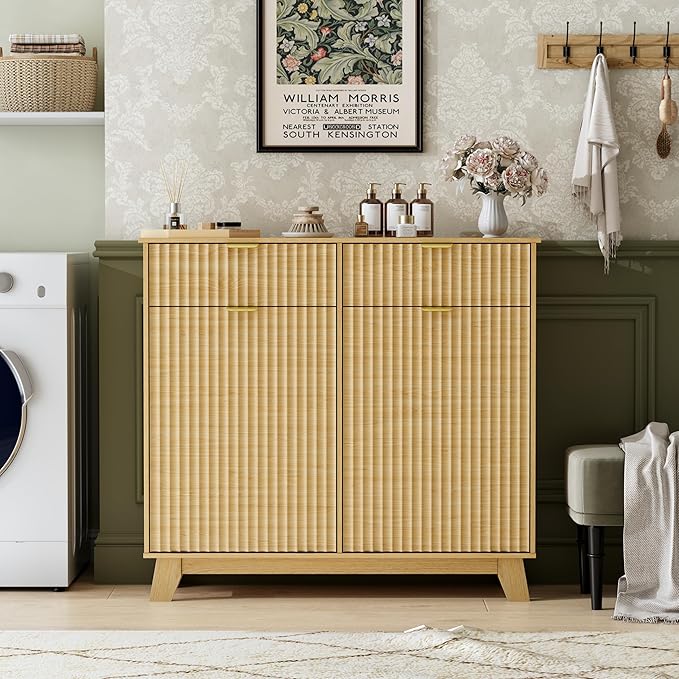 Double Tilt Out Laundry Hamper Cabinet, 20 Gallon Wooden Trash Can Cabinet with Storage Drawers, Hidden Fluted Garbage Can Holder for Kitchen, Living Room (Natural Wood, 39.34"W x 35.83"H x 13"D)